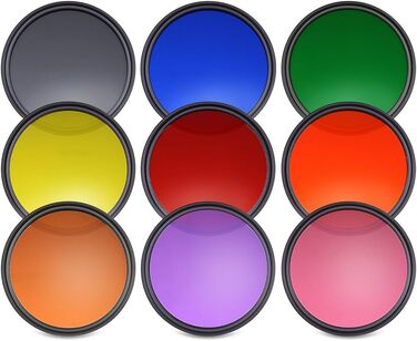 NEEWER Набір фільтрів для об'єктива 9шт, 58mm: червоний, оранжевий, синій, жовтий, зелений, коричневий, фіолетовий, рожевий, сірий. Аксесуари для камери