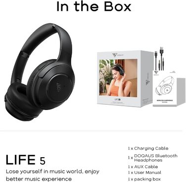 DOQAUS Бездротові Bluetooth навушники з мікрофоном, 70 годин роботи, Bluetooth 5.3, Over-Ear, 3 режими EQ, HiFi, складна конструкція, для (Чорний)