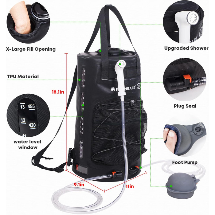 WILD HEAT Camping Shower 12L 22L Portable Shower for Camping with Foot Pump and Shower Bag Backpack