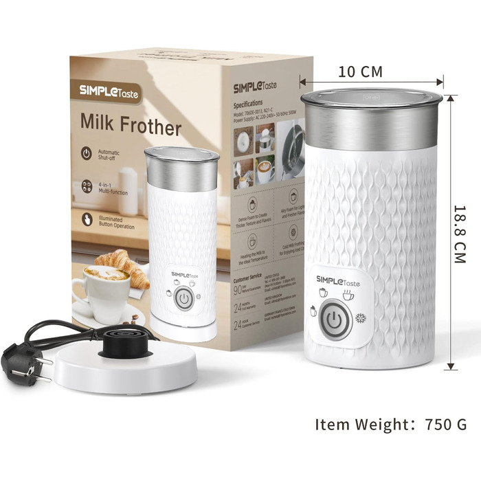 SIMPLETASTE Електричний спінювач молока 4-в-1: нагрів, спінювання гарячого/холодного молока, автоматичне вимкнення, білий