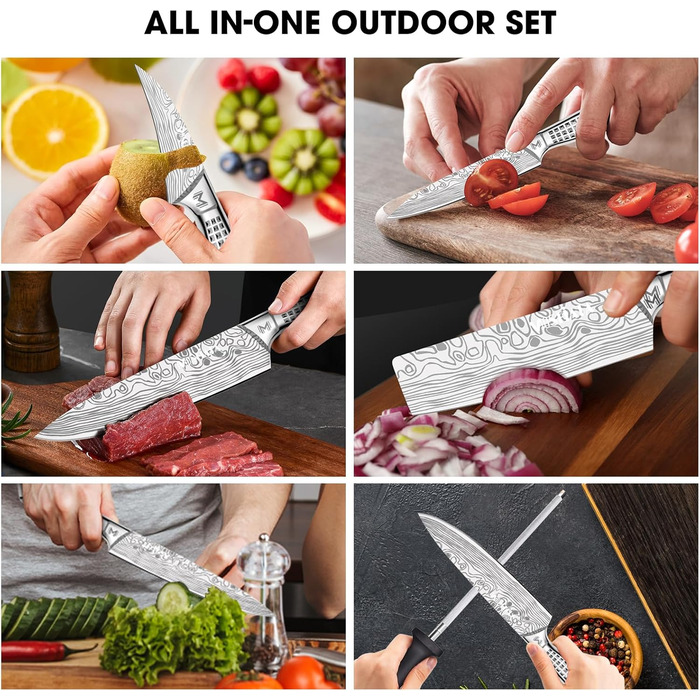 MOSFiATA 17-Piece Professional Kitchen Knife Set with Titanium Coating - Stainless Steel Chef Knife Set with Scissors, Finger Guards & Gift Box (Includes 10 Outdoor Knives)