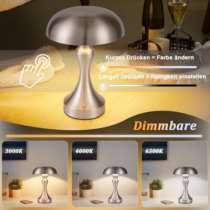 Бездротова настільна лампа Nicke - LED торшер з торканням, регульоване освітлення, USB зарядка, вінтажний дизайн, для спальні та вітальні