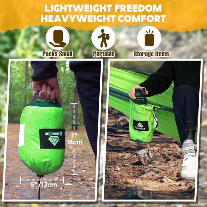 Легка туристична гамак NATUREFUN для кемпінгу | 300 кг вантажопідйомність (275 x 140 см) | Дихаючий, швидковисихаючий нейлон (тканина парашутна) | 2 карабіни преміум-класу, 2 петлі | Для відпочинку вдома, на природі, в саду
