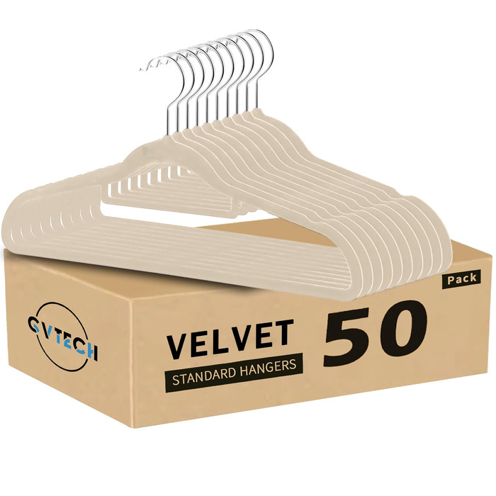 Плечики оксамитові GVTECH (50 шт) для одягу: антиковзні, з гачком 360°, для пальто, штанів, білі, 45 см