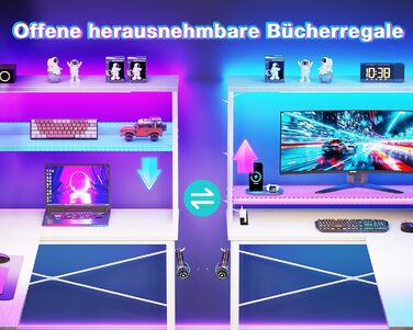 Ігровий стіл Coleshome L-подібної форми з LED-підсвічуванням та розетками, 135 × 100 см. Реверсивний кутовий стіл з полицями для зберігання, з сумкою для дому та ігор. (110×80 см, Білий)