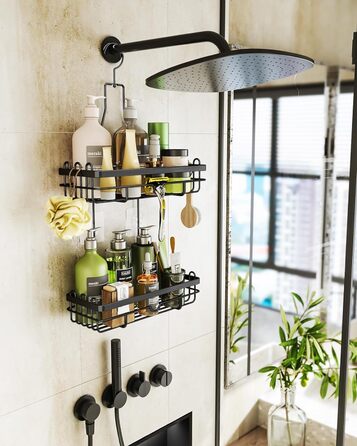 HapiRm Shower Shelf for Hanging with Razor Holder & Soap Holder, Hanging Shower Shelf with Multiple Hooks - High-Quality Hanging Shower Basket Stainless Steel No Drilling, Black