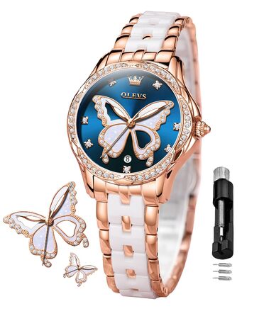 Годинник жіночий OLEVS з діамантами, елегантний, рожеве золото, керамічне скло, блакитний циферблат