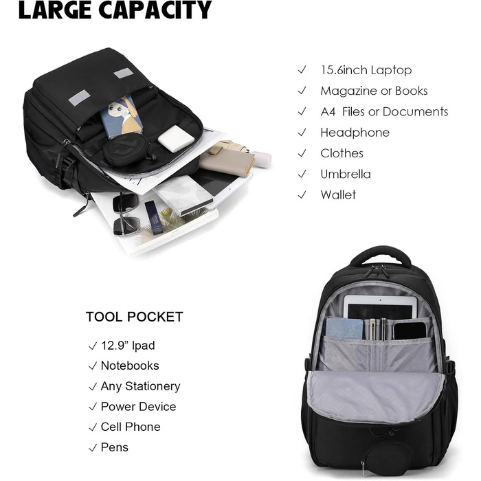 Водонепроникний шкільний рюкзак JANSBEN для підлітків (хлопців та дівчат), багатоклековий дизайн для школи та подорожей, ідеальний для 5 класу, чорний