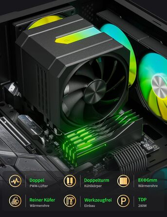 upHere Охолоджувач процесора up2KC8 з RGB підсвічуванням, подвійна вежа, 8 теплових трубок, 120мм вентилятор, сумісний з AMD AM4/AM5 та Intel 2011/2066