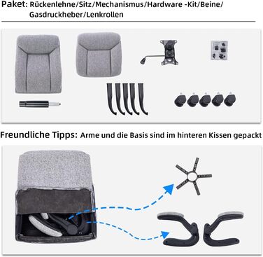 Ергономічне крісло для офісу та дому: обертове крісло з підйомними підлокітниками, регульоване по висоті, сіре, тканина