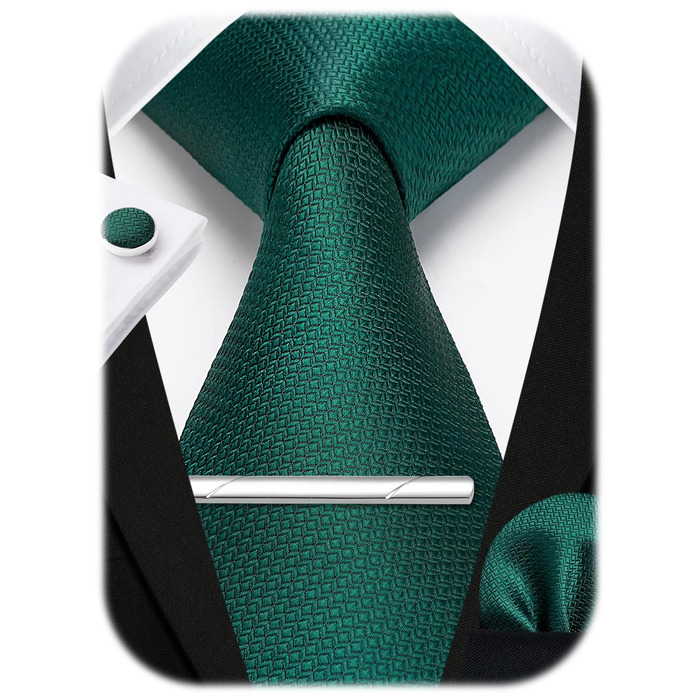 HISDERN Комплект краватки для весілля: краватка в клітинку, нагрудна хустинка, краваткова застібка, ґудзики для краватки (темно-зелений)