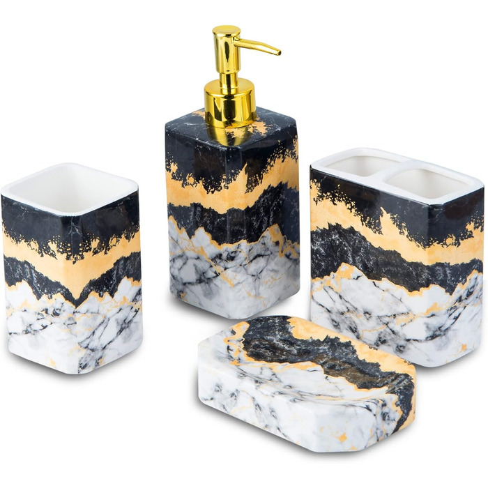Набір аксесуарів для ванної кімнати (4 шт) – білий набір з дозатором для лосьйону, тримачем для зубних щіток, склянкою та мильницею – блискуча поверхня (мармур, білий) (чорний, білий)