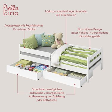 Bellabino Kinderbett Kuru 90x200 with 2 Drawers, Single Bed for Children incl. Fall Protection and Slatted Frame, White Children's Bed, Bed for Boys and Girls with Drawers White