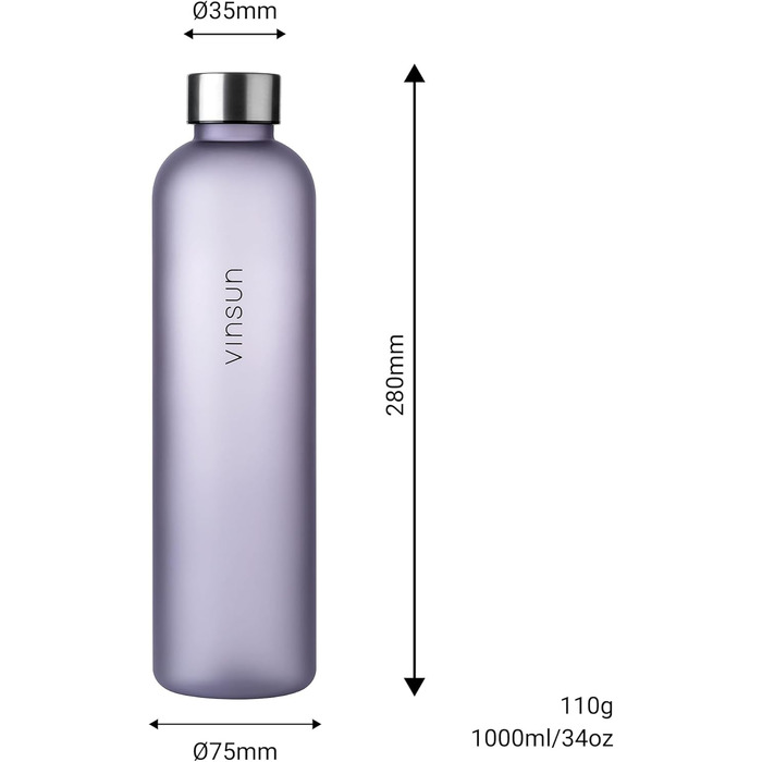 VINSUN Water Bottle 650ml, 1000ml, 1500ml - Leak-proof, Carbonated Beverage Safe, BPA-free, Tritan - Lightweight Water Bottle for Sports, Outdoors, School, Cycling, Office (1000 ml, Purple)