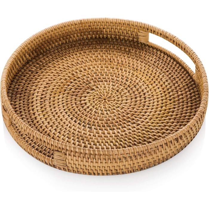 Sziqiqi Rattan Serving Tray with Handles 35cm Hand-woven Wicker Tray Rattan Tray Rustic Decorative Tray for Breakfast, Drinks, Snacks, Bread for Coffee Table Bar Dinner Parties