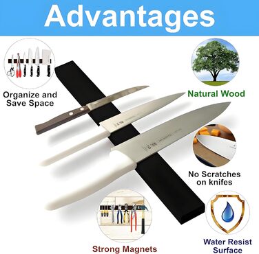 Improved 50cm Trhillsbrad Magnetic Knife Strip, 50cm Magnetic Knife Holder with 3 Hooks, Stainless Steel Knife Rail, Self-Adhesive, Black Wall Mount Magnetic Strip, No Drilling Knife Holder