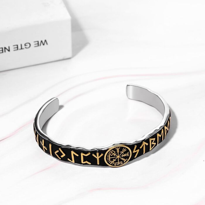 Чоловічий браслет JewelryWe з нержавіючої сталі з вовком, плетіння, стиль вікінг/байкер, відкритий браслет, срібло/золото/чорний, еластичний, Vegvisir
