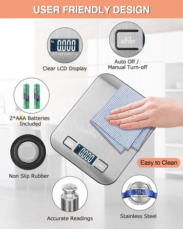 Цифрова кухонна вага 10 кг з LCD дисплеєм та функцією тарування, для випічки, приготування їжі та зважування ювелірних виробів, 1г, срібна, K1H