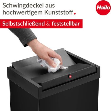 Відро для сміття Hailo Big-Box Swing XL, 52 л, чорне, з кришкою-маятником, нержавіюча сталь, кріплення для мішка, для кухні, Made in Germany