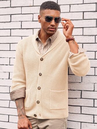 Чоловічий в'язаний кардиган Runcati з коміром-шарфом, рельєфним візерунком, ґудзиками, для зими, великий, з кишенями (M, Бежевий)