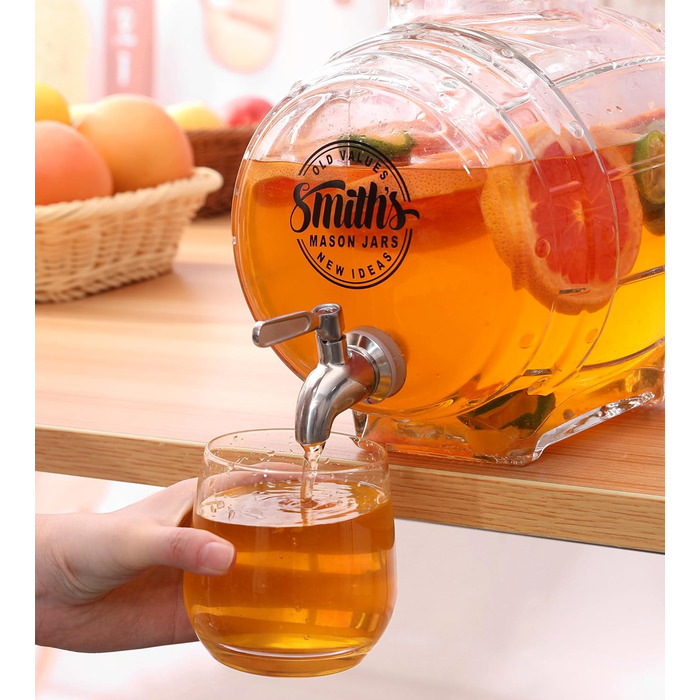 Smiths Mason Jars 5L Refrigerator Water Dispenser with Steel Tap and Glass Lid - Easy pouring with metal tap and space-saving design - ideal for infused waters and juices