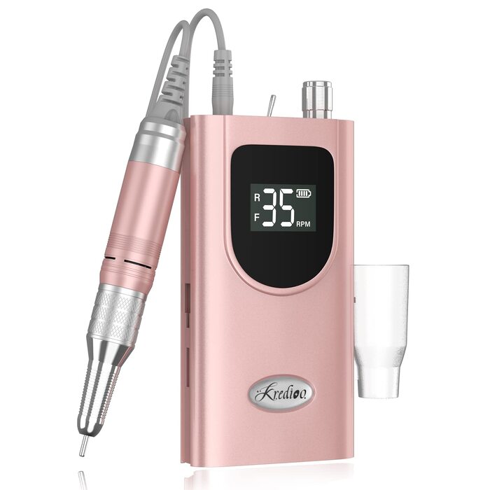 Електрична шліфувальна машинка для нігтів Kredioo з LED-дисплеєм, 35000 об/хв, для гелю та акрилу, 6 насадок, для професійного та домашнього використання, Champagner Gold