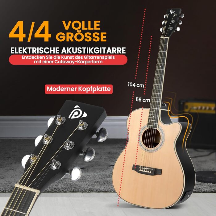 Акустична гітара Pyle Elektroakustik 4/4 Комплект для початківців: гітара з підсилювачем 10W, чохол, тюнер, ремінь та запасні струни – чорний колір