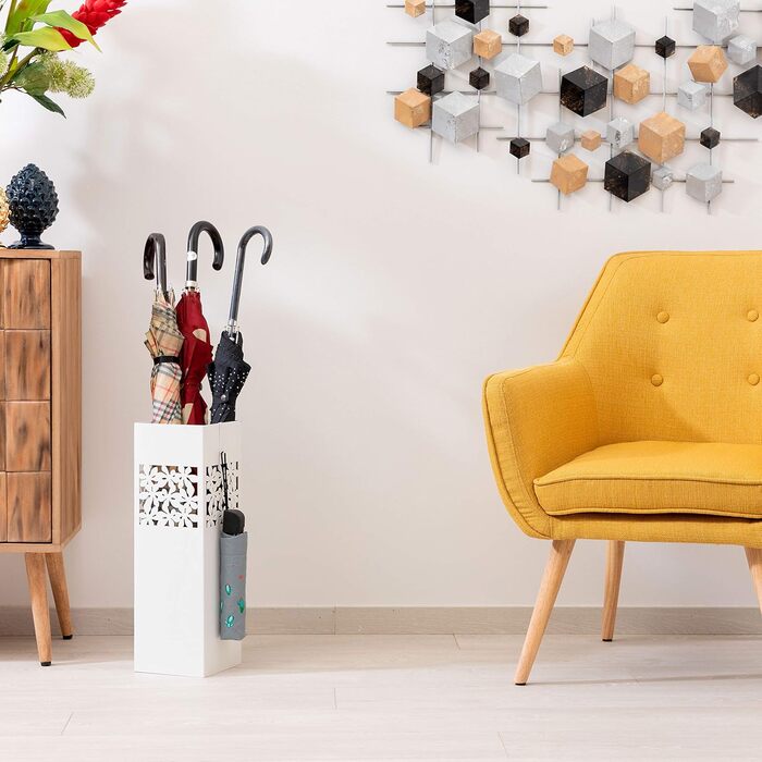 Металевий підставка для парасольки Baroni Home Quadratischer з різьбленням, 2 гачки, знімна миска, 15,5x15,5x49 см (Білий)