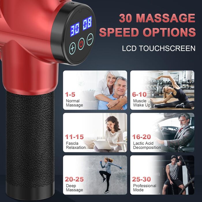 ALDOM Massage Gun - Electric Muscle Massager with 30 Speed Settings & 8 Attachments - Red