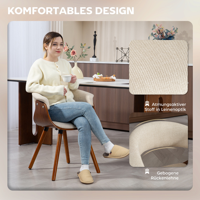 HOMCOM Dining Chair Kitchen Chair with Backrest, Linen Look, Upholstered Armchair with Wooden Legs for Dining Table, Beige | Aosom