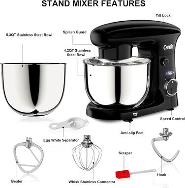 Кухонний комбайн-міксер Camic з LED-дисплеєм, 10 швидкостей, 3 насадки (вінчик, міксер, гак) та 2 чашами з нержавіючої сталі 4л і 5л для тіста, хліба та тортів, чорний