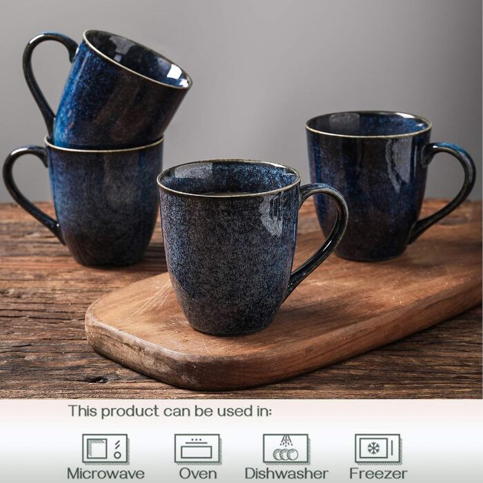 Vicrays Porcelain Mug Set of 6 - 350 ml Cup with Handle Dishware Mugs - Blue Coffee Mugs Suitable for Dishwasher & Microwave