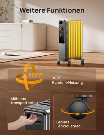 Електричний масляний радіатор Dreo з 9 ребрами, 2000W, тихий, з захистом від перегріву та перекидання, термостат, дитячий замок, енергозберігаючий