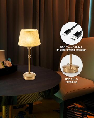 Акумуляторна настільна лампа: портативна, бездротова з регулюванням яскравості, для дому та саду. Тканинний абажур, металевий каркас білого кольору