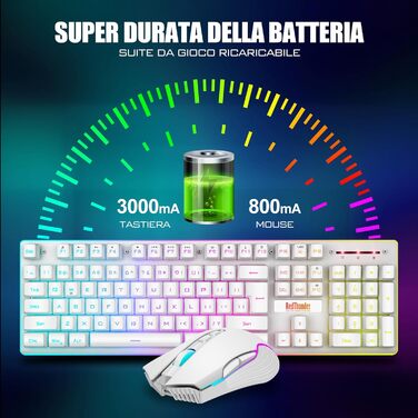 RedThunder K10 Бездротова ігрова клавіатура та миша, LED-підсвічування, акумулятор 3800 mAh, механічний відгук, Anti-Ghosting, миша 7D 3200 DPI, QWERTY-розкладка, для ПК-геймерів (Білий бездротовий)