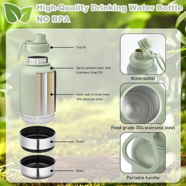 Миска для собак 3-в-1 з термоізоляцією, зелена, L | Миска, пляшка для води, годівниця для собак на винос