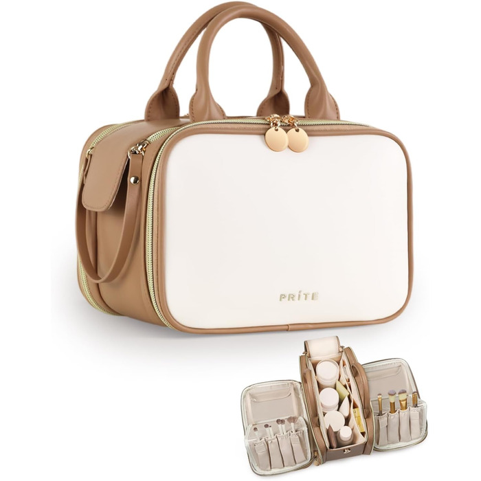Косметичка для макіяжу Prite з великою місткістю, водонепроникна, з ручкою та кількома відділеннями, бежево-коричнева