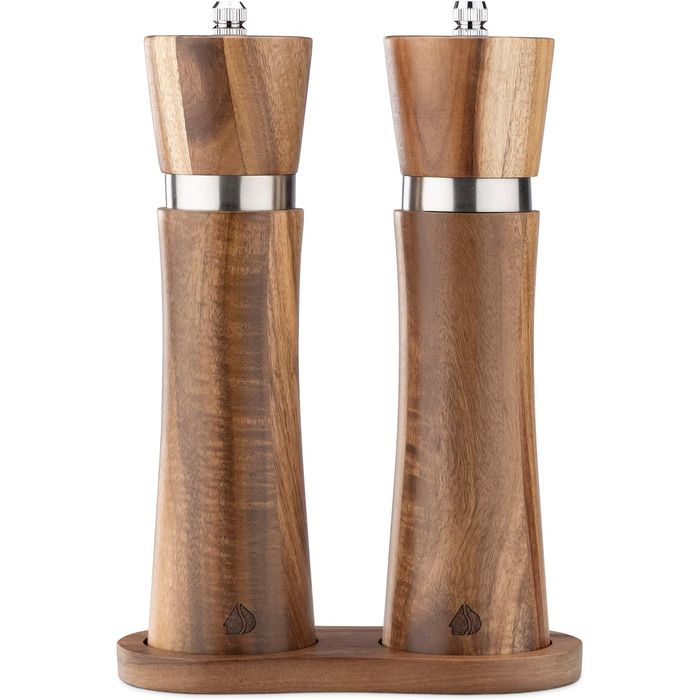 Navaris Salt and Pepper Grinder Set - Spice Grinder Dispenser for Spices - Salt and Pepper Shakers made of Wood - with Tray - for Grinding - Refillable
