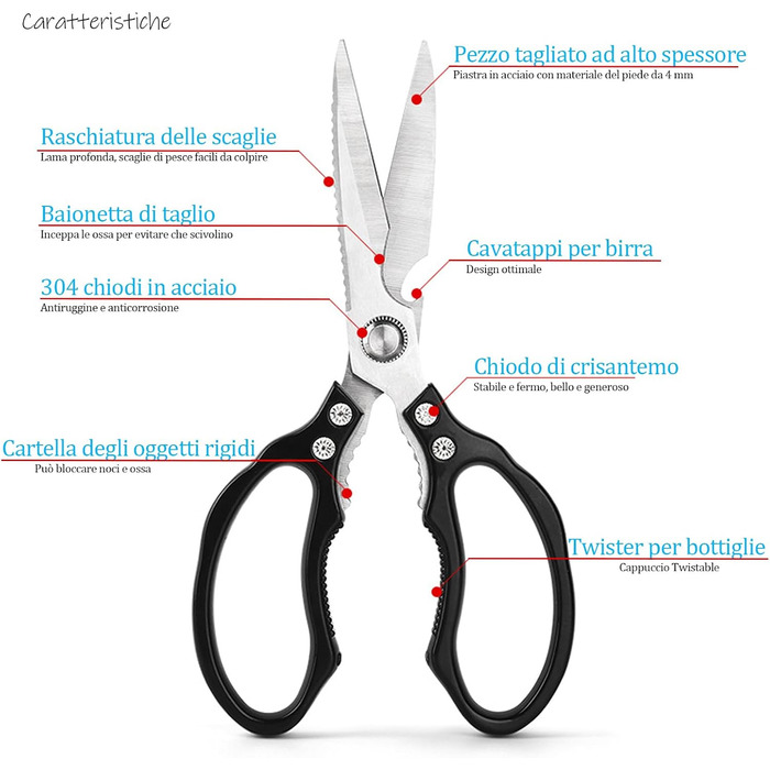 Ніж-ножиці кухонні з нержавіючої сталі, універсальні, з відкривачем для пляшок, для птиці, риби, м'яса, зелені, горіхів, миється в посудомийній машині (чорний)