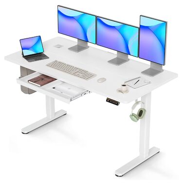 Електричний регульований стіл Claiks 120x60 см з ящиком, 80 кг, пам'ять, 2 гачки для навушників, білий
