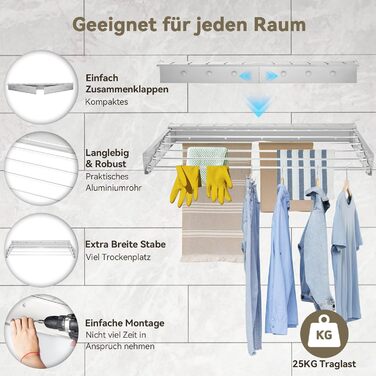 Настінна сушилка для білизни Donken, 80 см, розкладна, для ванної кімнати, балкону, тераси, біла