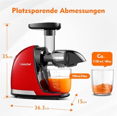 AMZCHEF Juicer for Vegetables and Fruits - Test Winner - Slow Juicer with Reverse-Mastication Function - Gentle Crushing Without Filtering - Electric Juice Press with Brush and 2 Cups - Cherry Red
