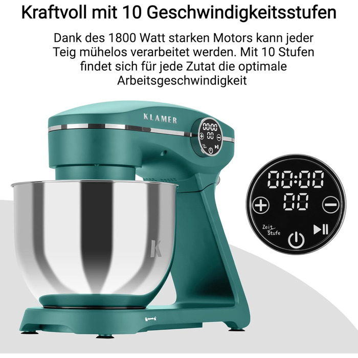 KLAMER 1800W Stand Mixer - Stainless Steel Bowl 6L, 10 Speed with Timer, Planet Mixing Action, Dough Hook, Whisk & Beater - Turquoise