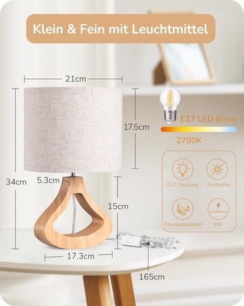 Дерев'яна приліжкова лампа EDISHINE з абажуром з льону, E27, для вітальні, спальні, в стилі кантрі [Енергоклас F]