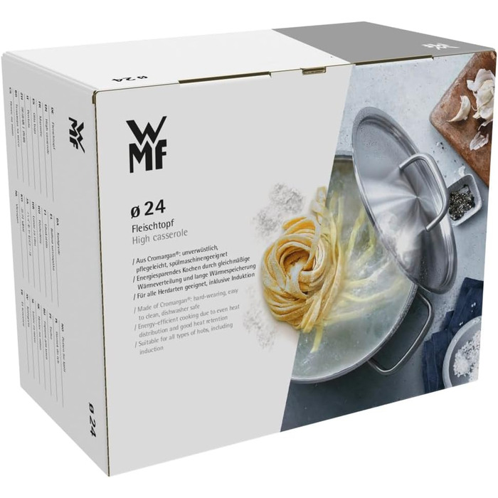 Велика каструля WMF Diadem Plus 20 см, 3,7 л, для індукції, з кришкою зі скла, полірована нержавіюча сталь Cromargan, без покриття