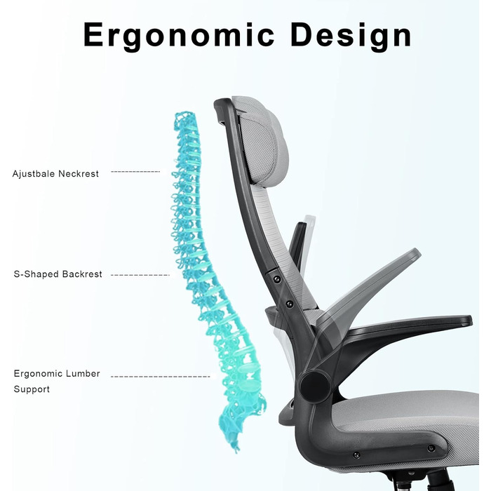 Ергономічне крісло для офісу з регульованою підголовником, сітчасте крісло для робочого столу, відкидні підлокітники, широке сидіння, функція гойдання, комп'ютерне крісло EN 1335, офісне крісло 200 кг, сіре та чорне