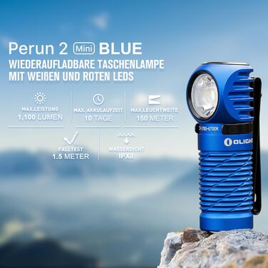 OLIGHT Perun 2 Mini LED Headlamp 1100 Lumens 150 Meters, USB Rechargeable EDC Flashlight with Red Light, 5 Light Modes Waterproof Headlamp with Headband for Camping, Emergencies (Blue, Cold White)
