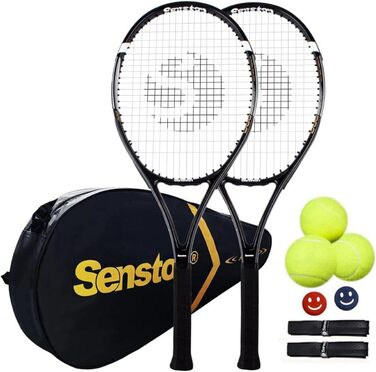 Black+Black Adult Tennis Racket Set - 2 Rackets, 3 Balls, 2 Grips, Vibration Dampeners
