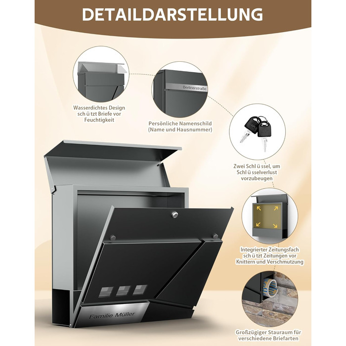 Поштовий ящик Anthrazit з нержавіючої сталі з відділенням для газет (37x37x10 см), персоналізований з табличкою для імені, стійкий до погодних умов, наклейки проти небажаної реклами, настінний поштовий ящик