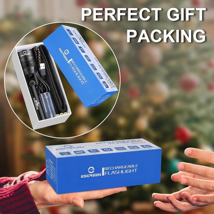 LED ліхтарик Esgreen 500000 люменів - тактичний, потужний, з USB-C, зумом, 5 режимів, для кемпінгу та безпеки